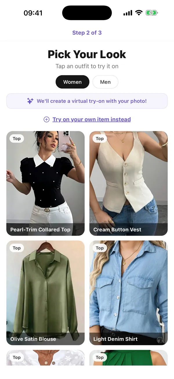 The FashionVue look picker with tops to choose from