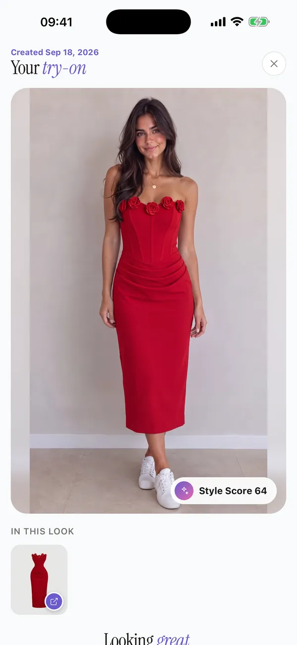A finished try-on of a red dress with its style score