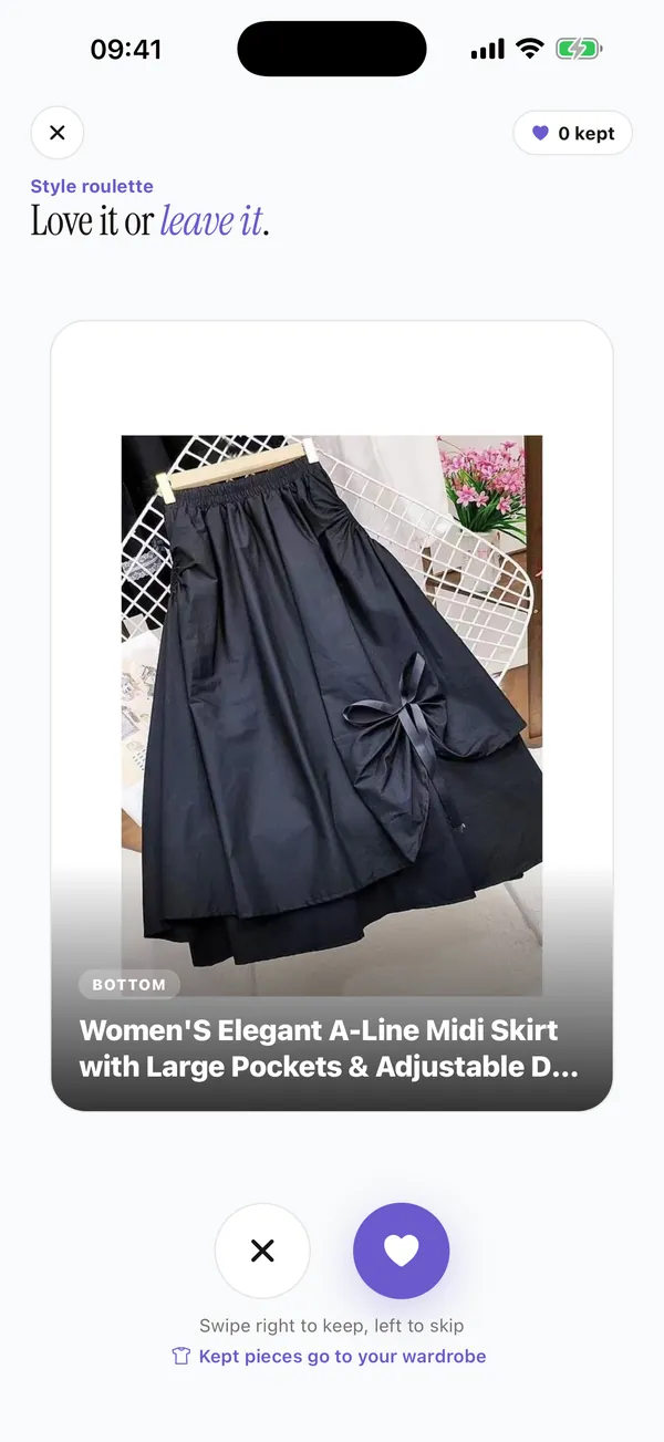Style Roulette showing a black midi skirt to keep or skip