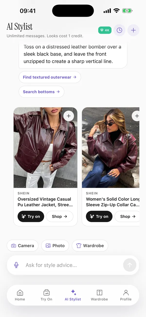 The AI stylist suggesting leather jackets, each with a Try on button