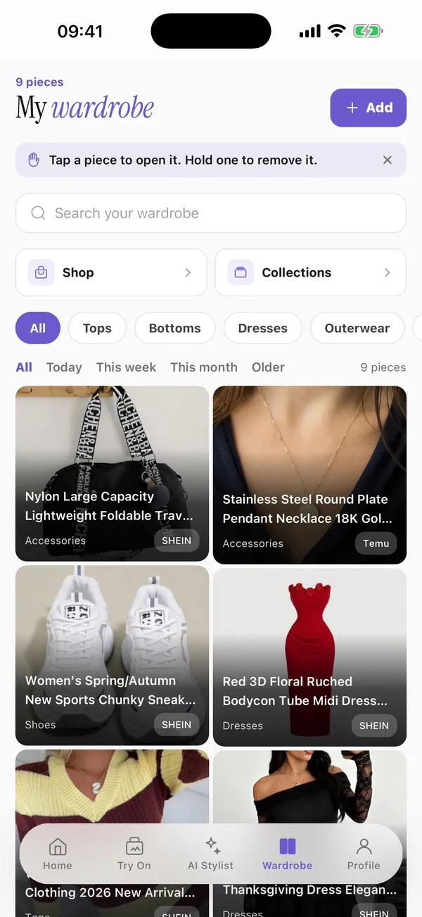 A FashionVue wardrobe grid with bags, shoes and dresses