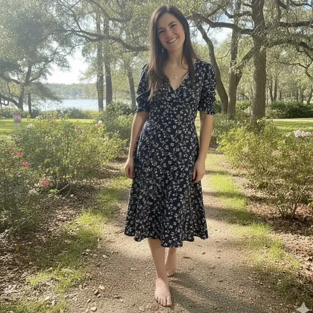 Example look: navy ditsy tea dress