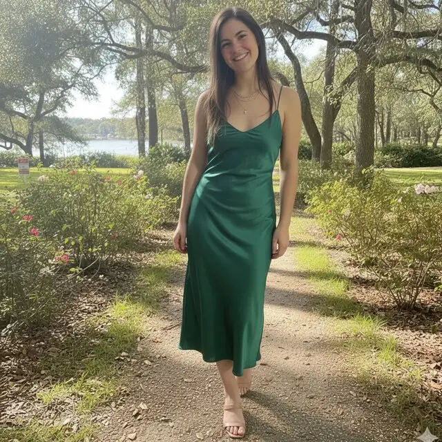 Example look: green slip dress