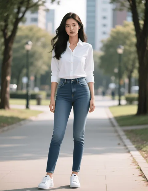 A full-length photo of a woman in a white shirt and jeans